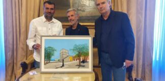 Torre a mare in un quadro del pittore barese Saverio Violante, donato al Sindaco Decaro